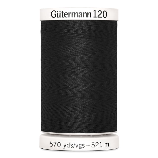 Gutermann 120 100% polyester all purpose thread spool in black with white plastic ends labeled with brand and length 570 yards (521 meters), suitable for machine and hand sewing cotton, synthetics, and wool fabrics, also ideal for craft and DIY projects like home décor and beading.