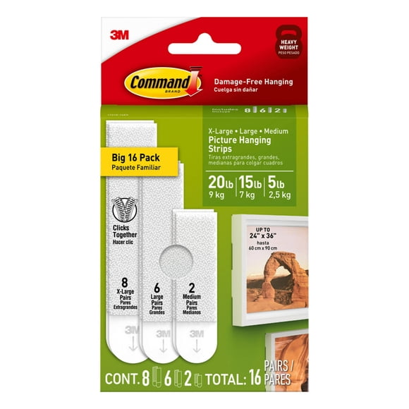 Assortiment d'accroches pour cadres Command, supporte de 2,2 à 9 kg (5 à 20 lb), blanc, fixation sans dommages, 16 languettes adhésives