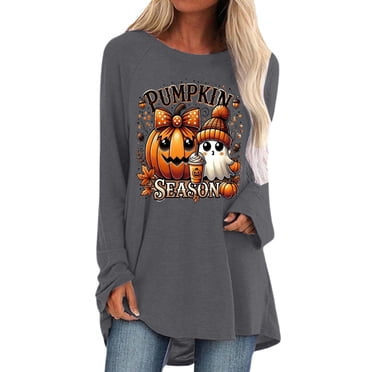 HUITKMM T-Shirts pour Femmes Coupe Ample T-Shirt d'Halloween pour Femmes à Imprimé Graphique à Manches Longues T-Shirt Décontracté Coupe Ample Col Rond Haut d'Automne Confortable T-Shirt de Base pour Tous les Jours