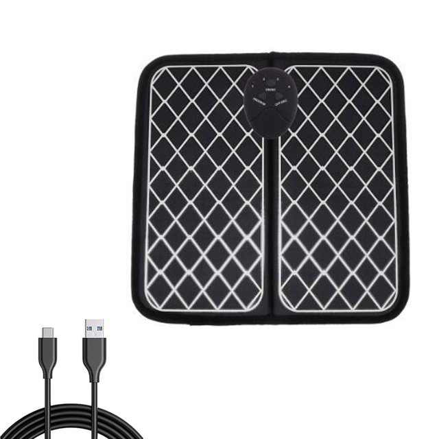 Foot Massager Machine with a black diamond-patterned foot massage pad and central control unit. Features USB charging for portability and EMS-style foot massage with adjustable intensity. Includes automatic 20-minute shutoff for safety and energy efficiency.