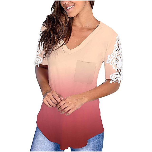 Pompotops Femmes Dentelle Impression à Manches Courtes T-Shirt Décontracté d'Été T-Shirts