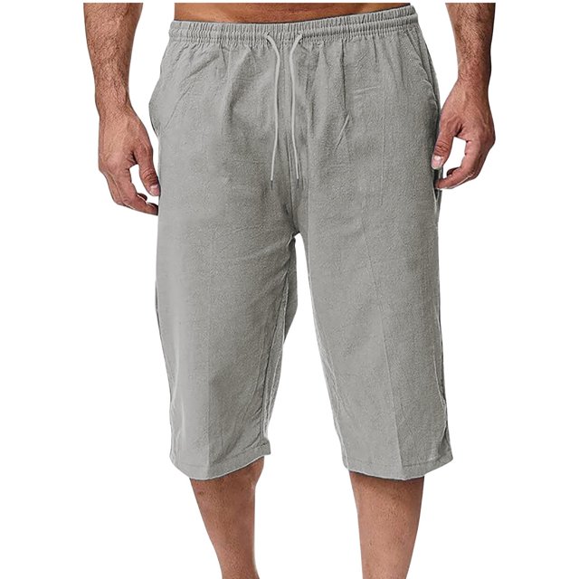 EOYWHK Mens Linen Capri Pants Summer Loose Fit Lightweight Sleep Shorts Elastic Waist Drawstring with Pockets