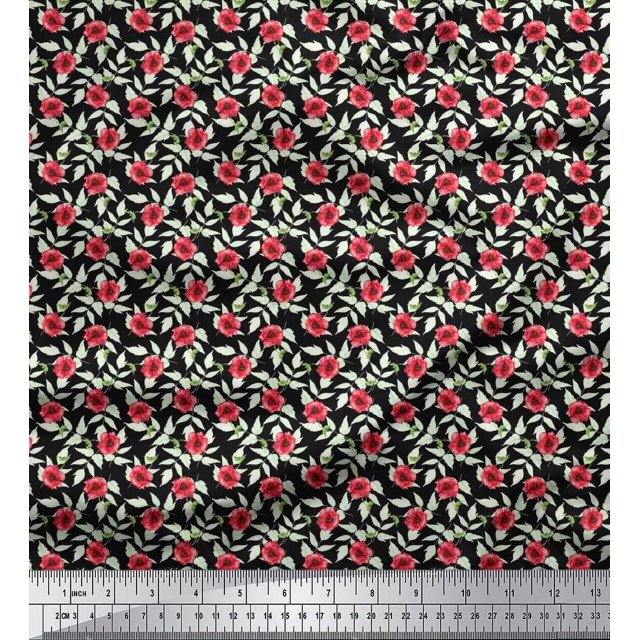 Soimoi Georgette Viscose Fabric Leaves & Poppy Floral Print Sewing Fabric Yard 42 Inch Wide