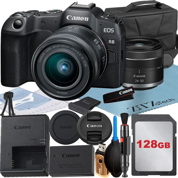 Canon EOS R8 Appareil Photo Sans Miroir avec Objectif RF 24-50mm + Carte Mémoire 128 Go + Étui + Flash LED + Ensemble d'Accessoires ZeeTech
