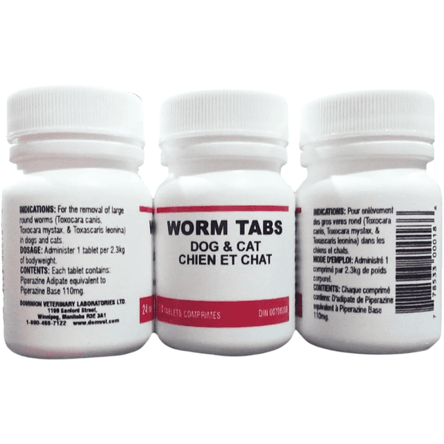 DVL Dog & Cat Dewormer Tablets, a 24-count package of broad-spectrum oral tablets for dogs and cats, designed to control common intestinal worms such as roundworms. The image shows three white bottles with red and black text, including dosage and ingredient details. Suitable for use under veterinary guidance.