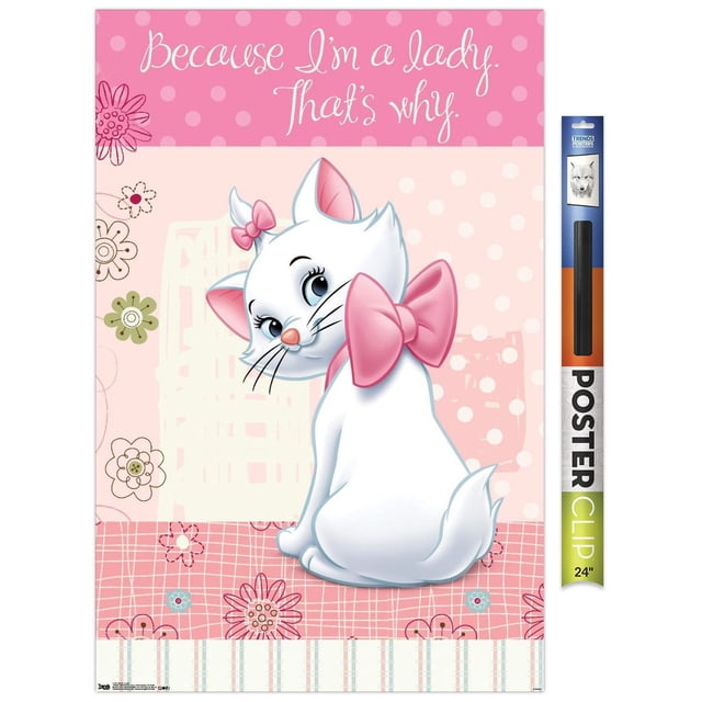 Disney les Aristochats - Marie - Je Suis une Dame Affiche Murale, 14,725 Pouces x 22,375 Pouces, Montrant une illustration Centrée de Marie, une Chatte Blanche aux Yeux Bleus, aux Oreilles Roses, un Grand Nœud Rose sur Son Cou, et un Petit Nœud sur Sa Tête. le Fond Rose A des Pois, des Motifs Floraux, et la phrase « Parce Que Je Suis une Dame, C'est Pourquoi ». Cette Affiche Lustrée Est Légère et Facile à Accrocher, Idéale pour la Déco de Chambre