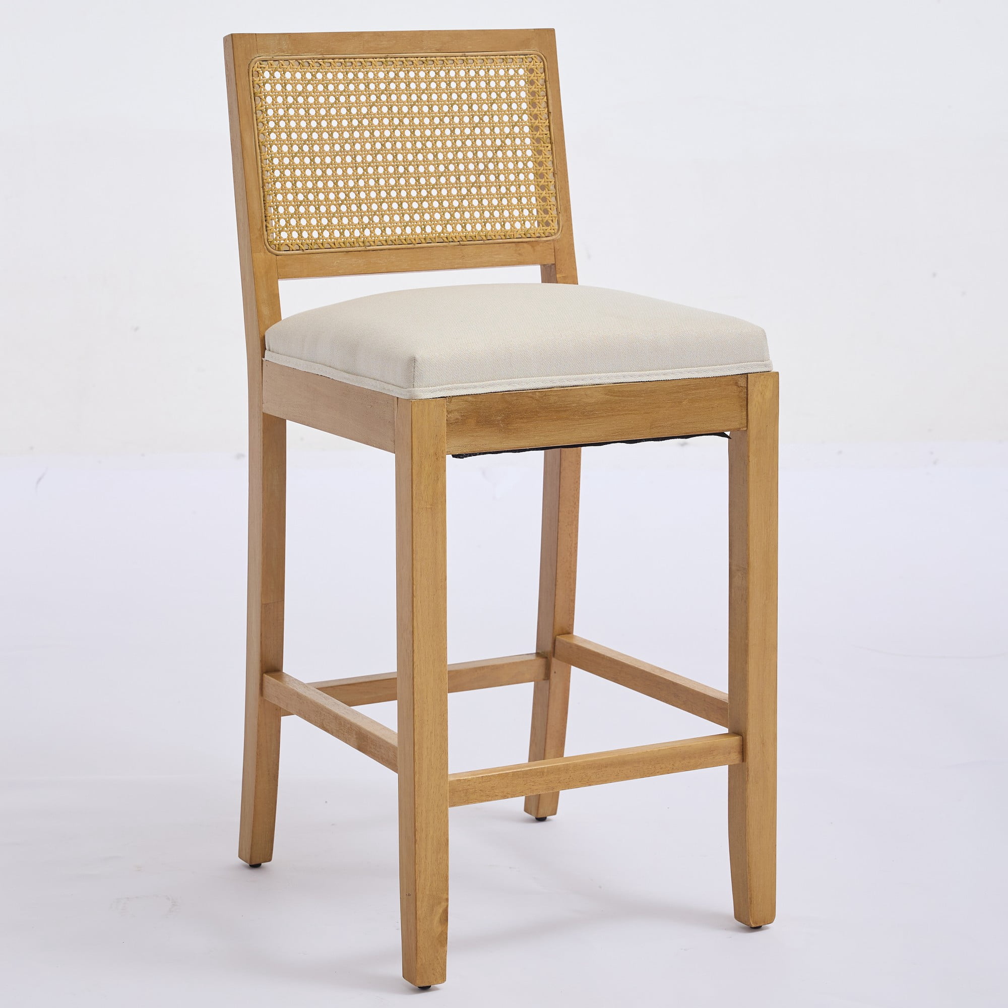 Noble House Full Solid Wood Rattan-Back Bar Stool Set of 2,Matte Linen Cushion with High-Resilience Foam & S-Springs,Beige