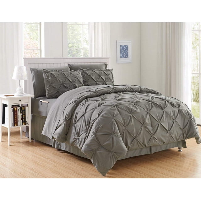 Mocassi Comforter Set, 8-Piece Pintuck Down Alternative, Soft & Plush Bedding Set Perfect for Any Bed Room, King/California King Size, Gray
