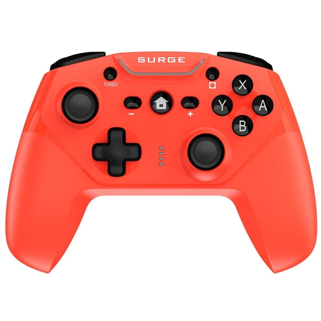 Surge Wireless Pro Controller for Nintendo Switch/Switch 2 in red, front-facing view showing dual analog sticks, D-pad, four black action buttons labeled X, Y, A, B, turbo button, home button, volume controls, and 4 programmable rear paddle buttons, supporting wireless Bluetooth and 6-axis motion control for enhanced gameplay.