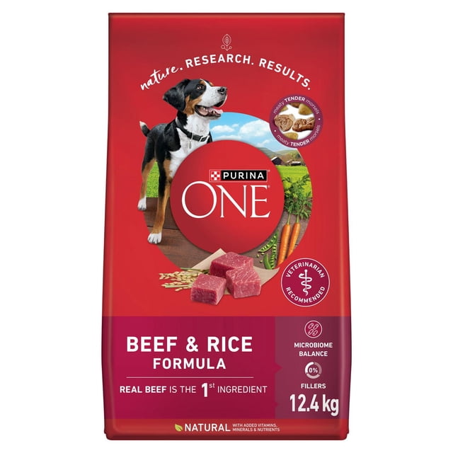 Purina ONE Microbiome Balance Beef & Rice Formula dry dog food bag with a red background, showing a standing black, white, and brown dog, raw beef chunks, carrots, and grains, highlighting real beef as the first ingredient, veterinarian recommended nutrition, microbiome balance, and 12.4 kg weight.