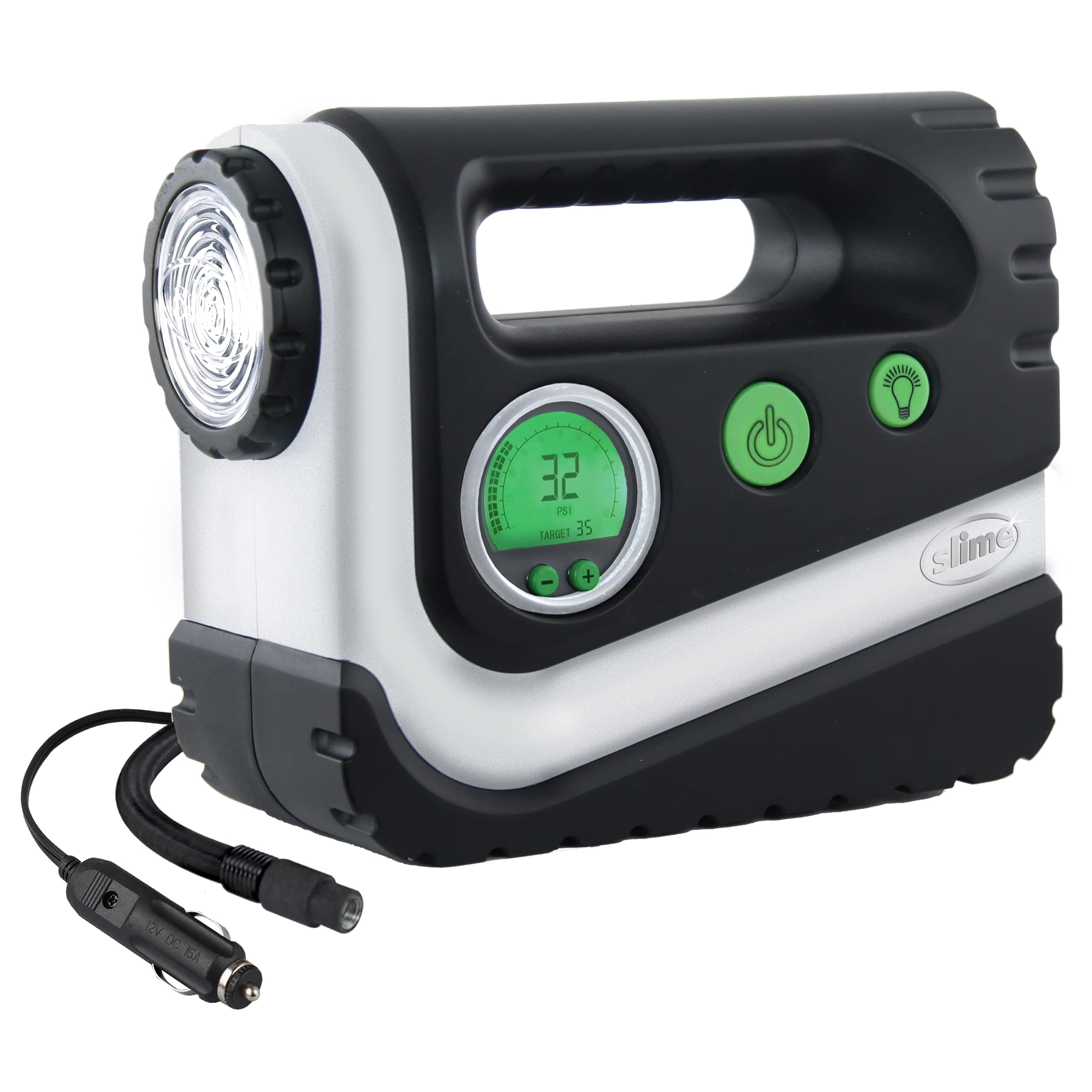 Slime 40047 Tire Inflator Portable car Air compressor Rugged Inflate Right Automatic Shut Off with Digital 99 PSI Display Long Hose and LED Light 12V 4 Min Inflation Black