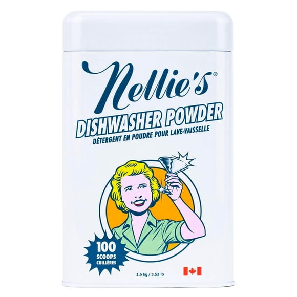 Nellie's Dishwasher Powder - Tough on Food Residue, Plant-Based Ingredients, Spotless Clean, High-Efficiency Dishwashing Solution - 100 Scoop Tin - (Made in Canada)
