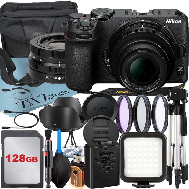 Nikon Z30 Mirrorless Camera with NIKKOR Z DX 16-50mm VR Zoom Lens + 128GB Card + Case + 3 Pieces Filter + Flash + ZeeTech Accessory Bundle