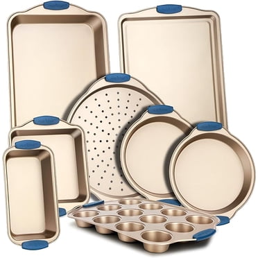 Ensemble de 8 Pcs de Moules de Cuisson Antiadhésifs - Plaques de Cuisson en Acier au Carbone Sans PFOA, PFOS, PTFE avec Poignées en Silicone Bleu Résistantes à la Chaleur, Va au Four jusqu'à 450 °F, Moules Ronds/carrés pour Pizza Pain Muffin, Plaque à Biscuits