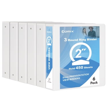 Comix Sturdy 2 inch 3 Ring View Binder, 2" Round Ring with 450-Sheet Capacity,6-Pack White 2mm-thick