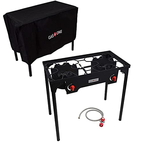GasOne Réchaud de Camping au Propane à Deux Brûleurs avec Couvercle pour l'Extérieur, à Haute Pression, Double Brûleur au Propane, Rouge QCC