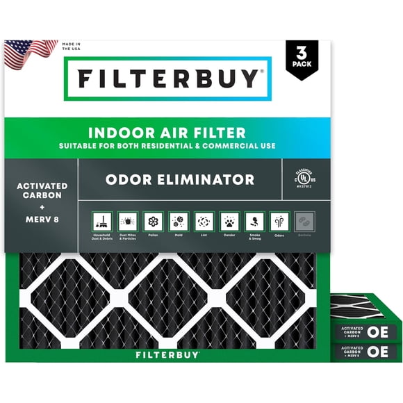 Filterbuy 20x20x1 Air Filter MERV 8 Odor Eliminator, HVAC AC Furnace Air Filters Replacement (3-Pack)