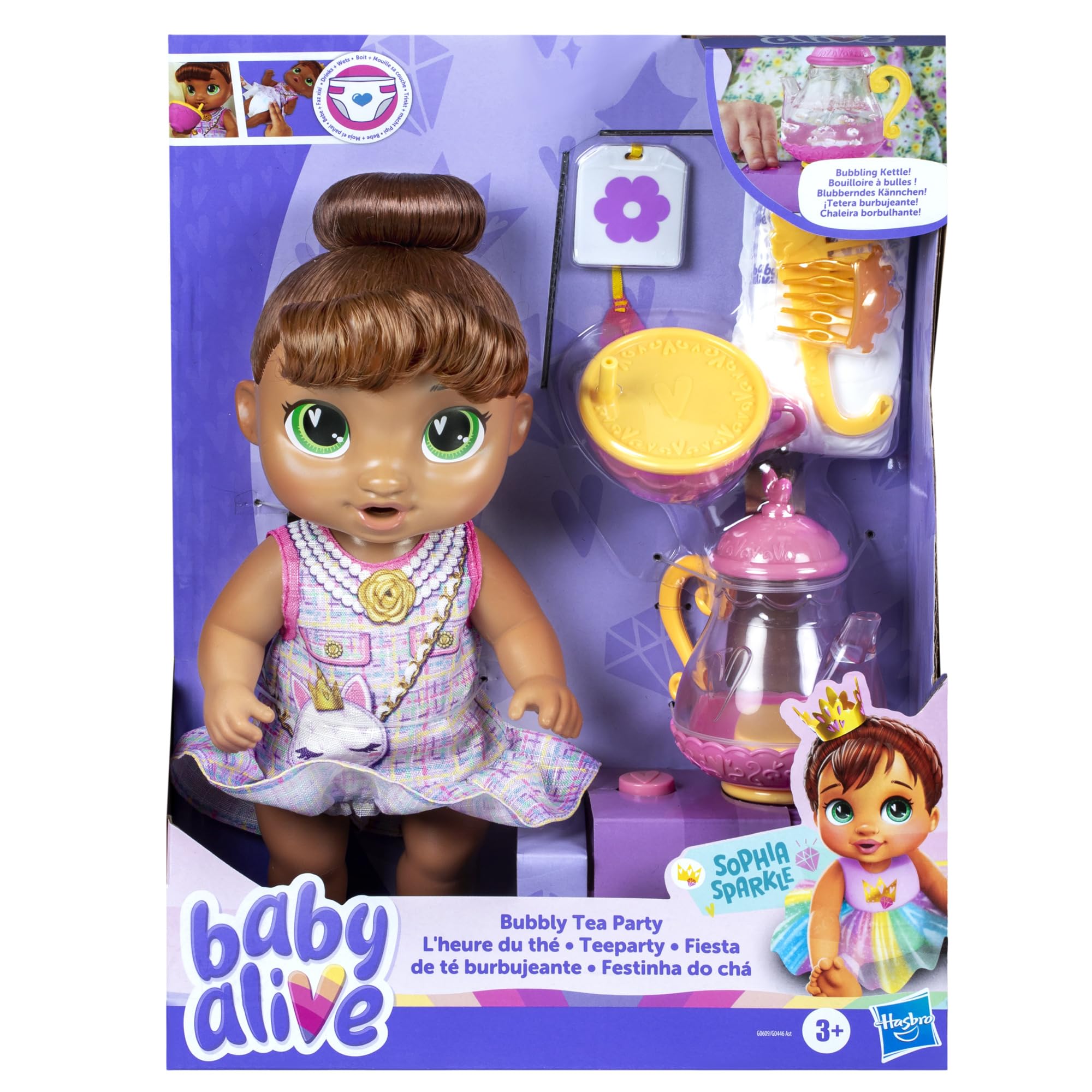 Baby Alive Poupée Bubbly Tea Party Sophia avec Accessoires de Théière, Cheveux Bruns, 11 Pouces, Jouets pour Filles et Garçons de 3 Ans et Plus