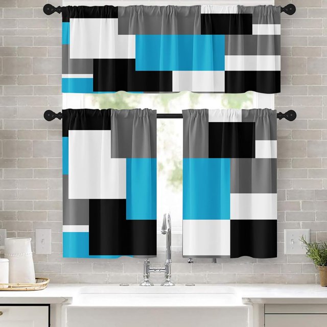 Light Blue Kitchen Curtains Black Grey Window Curtains Valance and Tier Set of 3, White Modern Rod Pocket Short Tier Curtain for Bathroom, Abstract Small Modern Small Kitchen Decor 52" x 24"