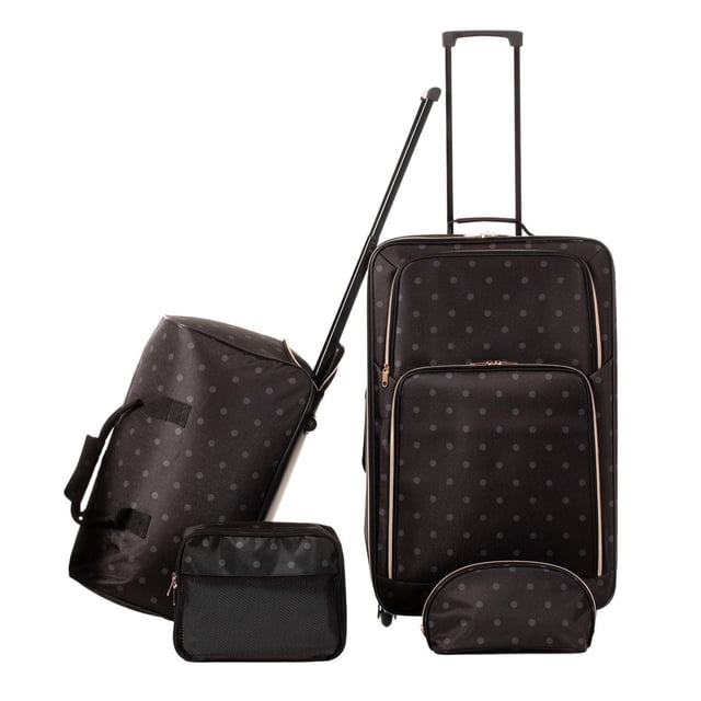 JetStream® Ensemble de 4 Pcs avec une Valise Souple Noire de 26 Pouces à Roulettes en Ligne, un Sac de Sport à Roulettes, un cube de Rangement et une Trousse de Toilette, Tout Fabriqué en polyester durable et Léger à Pois Foncés, Conçu pour une Organisation de Voyage et une Mobilité Faciles.