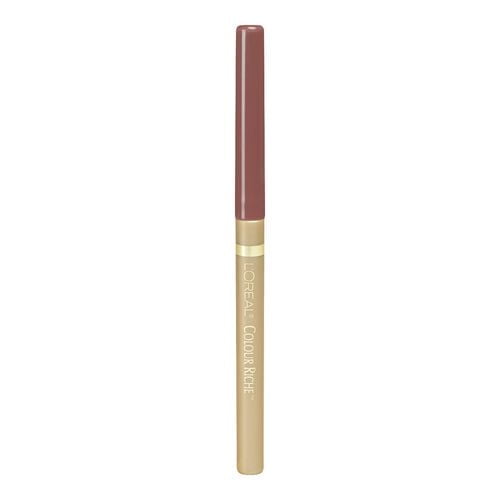 L'Oréal Paris Colour Riche Lip Liner, 0.2 GR, slim lip pencil with creamy texture and rich mauve-brown cap, beige barrel with gold band and white brand text, designed for precise lip definition and anti-feathering.