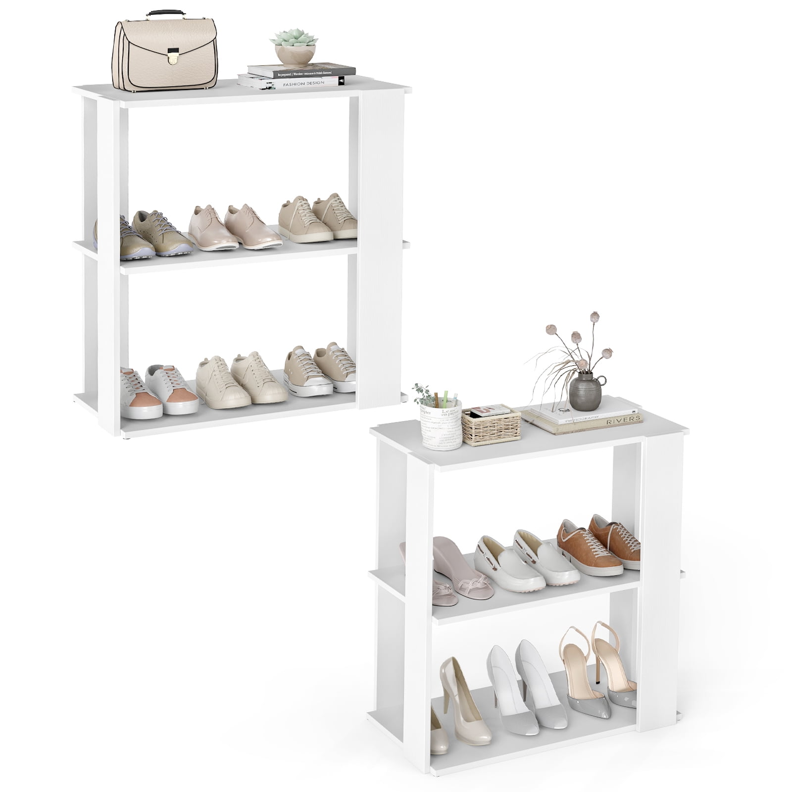 Gymax 2 Pcs Shoe Racks for Closet3-Tier Shoe Organizer Shelves w/Anti-Toppling Device