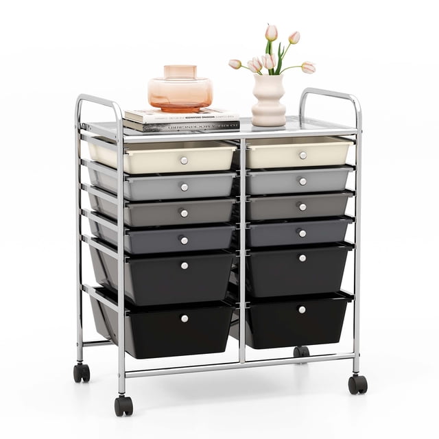 Costway Chariot de Rangement Roulant à 12 Tiroirs, Bacs d'Organisateur Multicolores pour Scrapbooking et Papier, en Gris Dégradé. Ce Chariot Utilitaire Roulant Présente un Cadre Métallique Robuste et 12 Tiroirs Amovibles en Deux Tailles, Parfait pour Organiser la Papeterie, les Outils, les Cosmétiques et les Fournitures d'Art. Comprend des rails Métalliques Lisses, des Poignées Intégrées et 4 Roulettes Pivotantes, 2 avec Freins, pour une Mobilité Facile. design Compact Convenant aux salons, Salles d'Artisanat Ou salons.