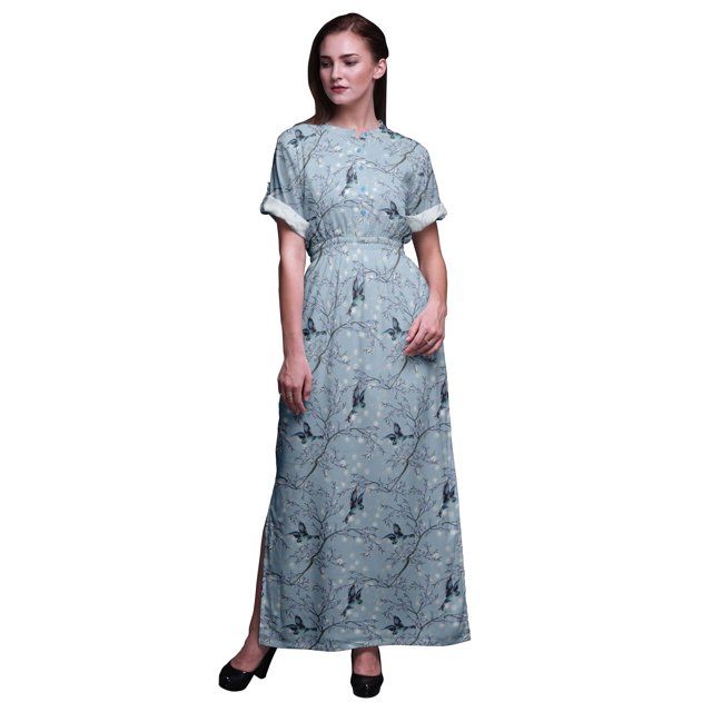 Bimba Robe Longue Imprimée en Rayonne à Fleurs et Chardonneret Doré Américain, Taille Smockée, Fente Latérale, Robe pour Femme - Grand