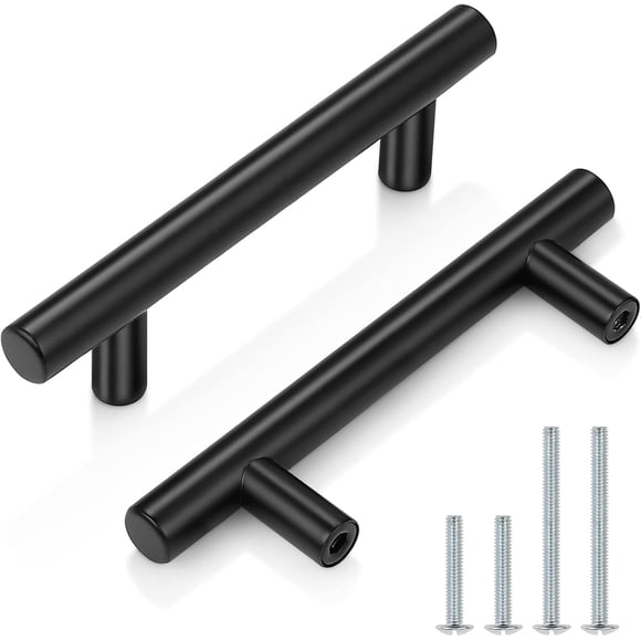 Flat Black Kitchen Cabinet Handles, Modern Euro Round T Bar Handle Drawer Pulls, 3 Inch (76mm) Hole Centers, Stainless Steel Cupboard Handles, 10 Pack