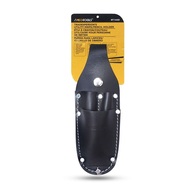 MECHTOOLS Porte-Couteau/crayon Utilitaire pour tradesperson en Cuir Noir Semi-Rigide Tannage Végétal avec Trois Poches, rivets Capuchonnés Résistants à la Rouille et Surpiqûres Blanches, Conçu pour s'Adapter aux Ceintures jusqu'à 2 Pouces de Large, Montré à l'Avant avec Emballage de Marque Jaune et Noir sur Fond Blanc.