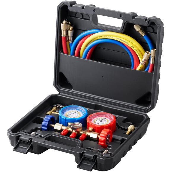 VEVOR AC Gauge Set - 3 Way AC Manifold Gauge Set for R134A R22 R12 R410A Refrigerant, Freon Gauges with 5ft Hoses, Couplers, Can Tap Works on Car Auto Freon Charging and Evacuation