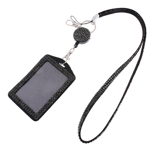 BELOVING Lanière Portable Noire en Strass avec Bobine Rétractable Porte-Cartes d'Identité