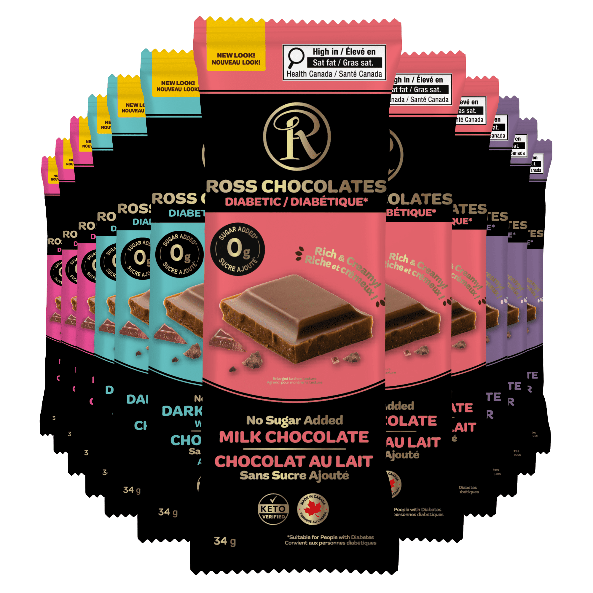 Ross Chocolates - Chocolate Bars - No Sugar Added with Stevia - Variety Pack x12