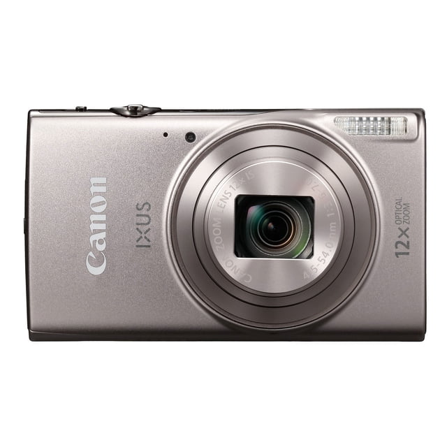 Canon IXUS 285 HS Digital Camera in silver featuring 20.2 MP resolution, 12x optical zoom, and built-in Wi-Fi with NFC for easy sharing. The front view showcases the lens, flash, and sleek metallic design. Compatible with SD memory cards, ideal for capturing 1080p HD videos and professional-grade photos.