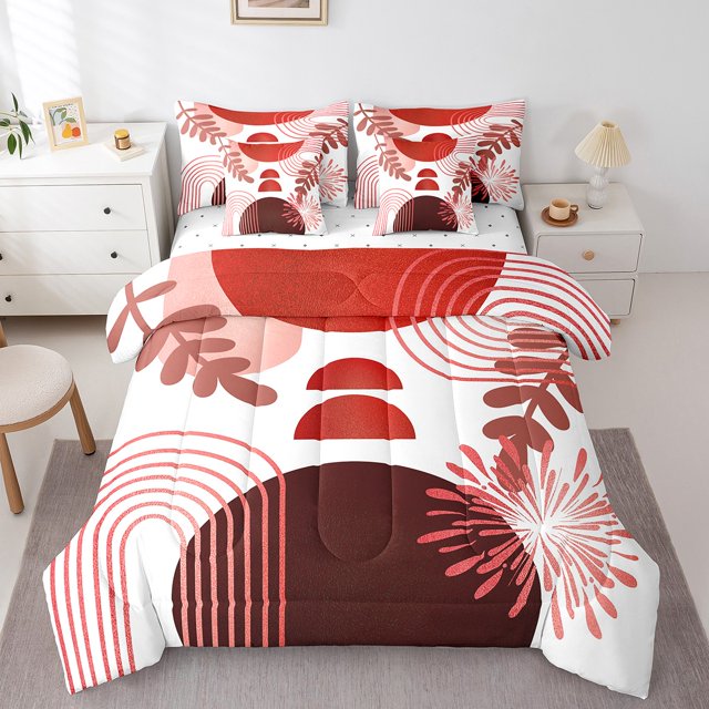 Ensemble de Literie Boho Mid-Century 7 Pcs Lit Complet en Sac Géométrique Abstrait Moderne Minimaliste, Ensemble de Draps Art Géométrique avec Couette Cercle Graphique Ombré Rayures Décoration de Chambre, Rouge