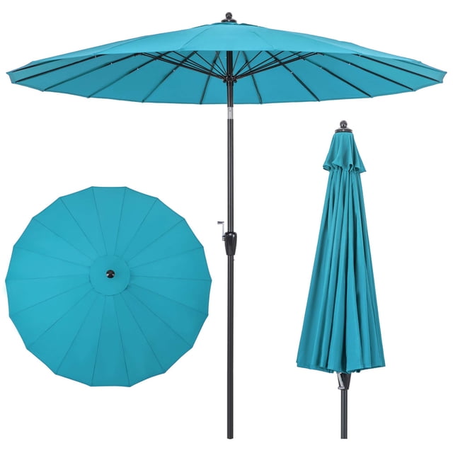 Costway Parasol de Marché Rond de 9 Pi pour Patio avec Inclinaison à Bouton-Poussoir, Manivelle et Dessus Ventilé en Turquoise. Doté d'Un Mât en Aluminium durable, de 18 Nervures en Fibre de Verre pour la Stabilité, et d'Un Auvent en polyester Offrant une protection Solaire et une Résistance aux Éclaboussures. Comprend une Manivelle pour une Ouverture et une Fermeture Faciles, et une Inclinaison à Bouton-Poussoir pour un Ombrage Ajustable. le Parasol Mesure 9 Pi de Diamètre et 8,2 Pi de Hauteur, Convient aux patios, Jardins Ou au Bord de la Piscine. Base Non Incluse