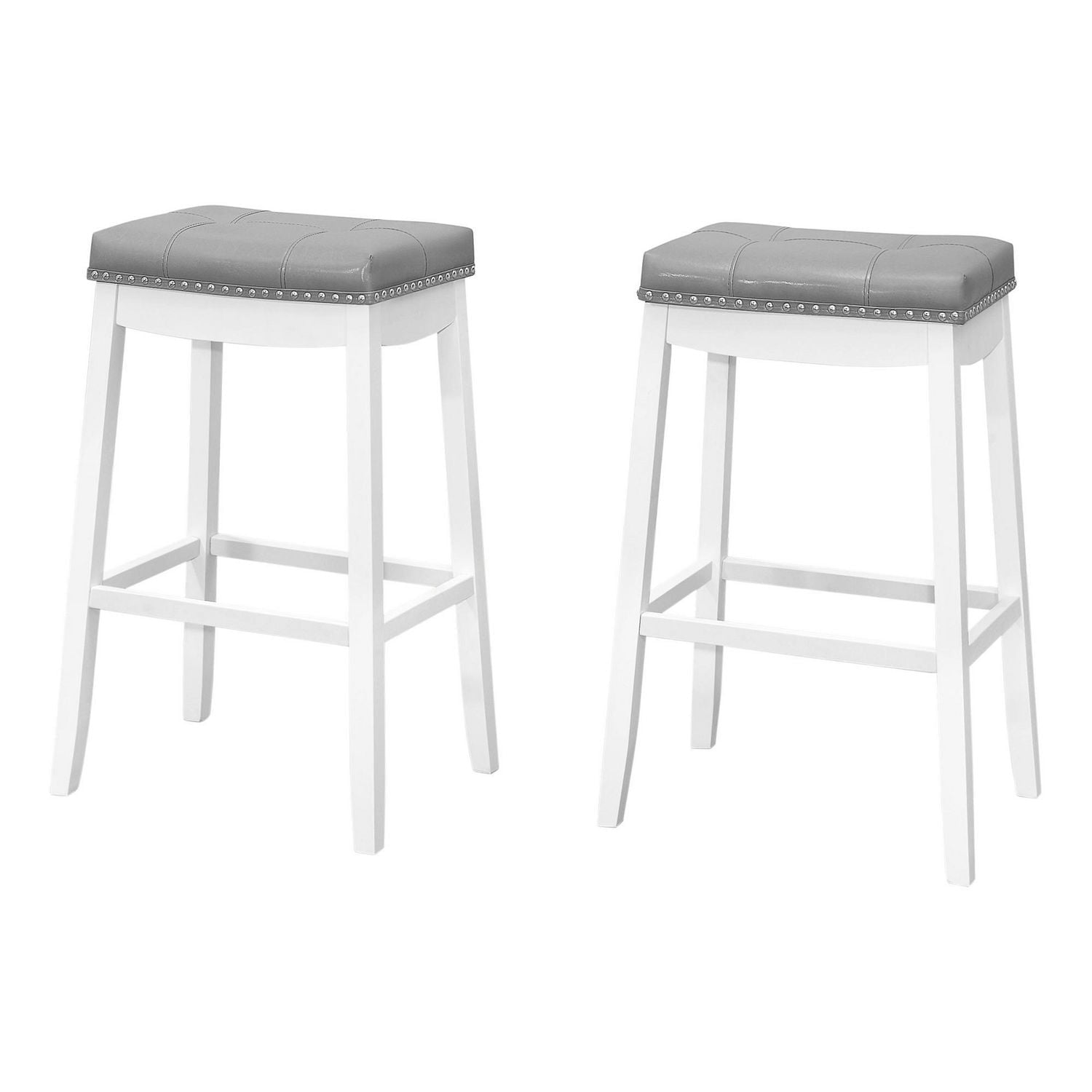Monarch Specialties Bar Stool, Set Of 2, Bar Height, Saddle Seat, Wood, Pu Leather Look, White, Grey, Transitional