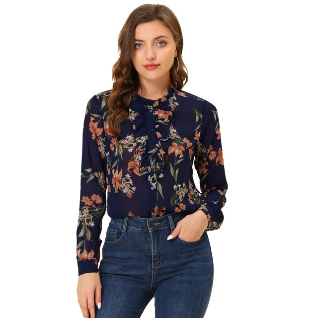 INSPIRE CHIC Women's Ruffle Collar Long Sleeve Button Down Floral Shirt