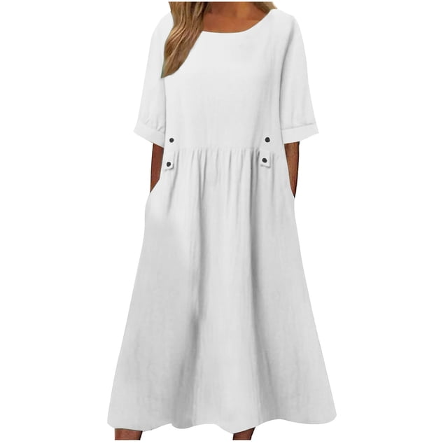 XZNGL Robe d'Été pour Femmes Aguichant Robe de Printemps et d'Été pour Femmes Col Rond Uni Coton et Lin Décontractée avec Poches Robe à Manches Courtes Robe d'Été pour Femmes avec Manches