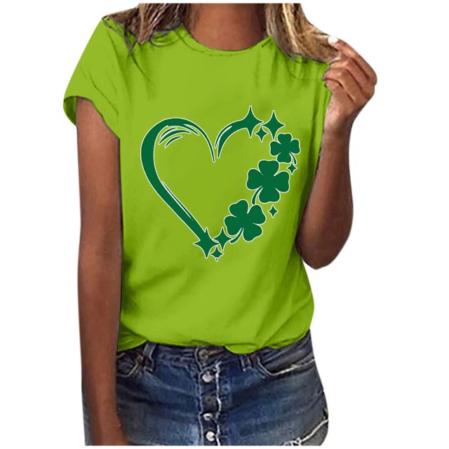 TopLLC St. Patrick's Day Patricks Day Chemises pour Femmes Hauts de Sarrau St Patricks Day Mode pour Dames St. Imprimé Cœur Manches Courtes Col Rond Chemise Femme Décontractée Ample