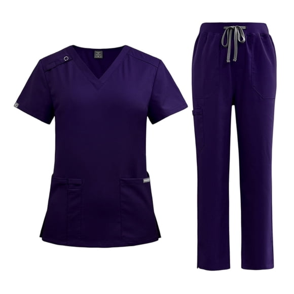 Ktyne Purple Scrubs for Women Set M Stretchy Nurse Uniform Short Sleeve Scrub Top & Jogger Pants Solid Color Scrubs Sets with Multi Pocket Dark Purple M