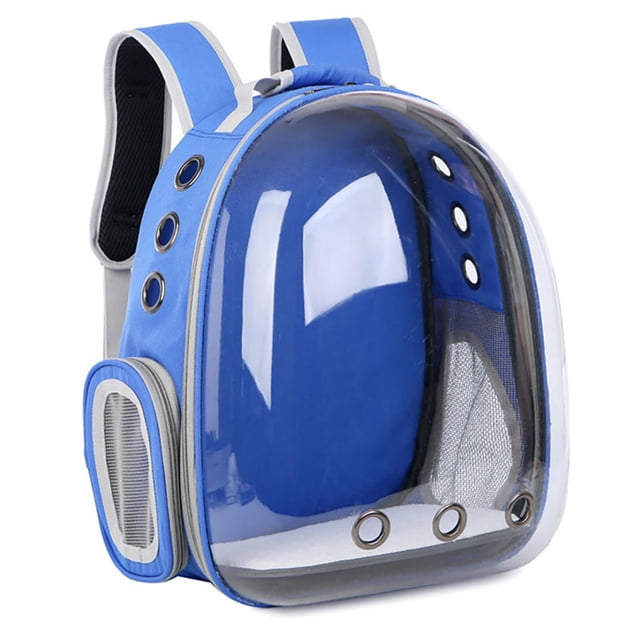 Pet Backpack Breathable Holes Pet Travel Carrier Backpack for Cats and Small Dogs in blue. This space capsule-style pet carrier features a transparent acrylic front, breathable holes, and mesh panels for ventilation. Made from PVC, acrylic, and Oxford cloth, it is lightweight yet durable with a hard top and base for pet protection. Suitable for small dogs and cats up to 7kg, it measures 30cm x 26cm x 42cm.