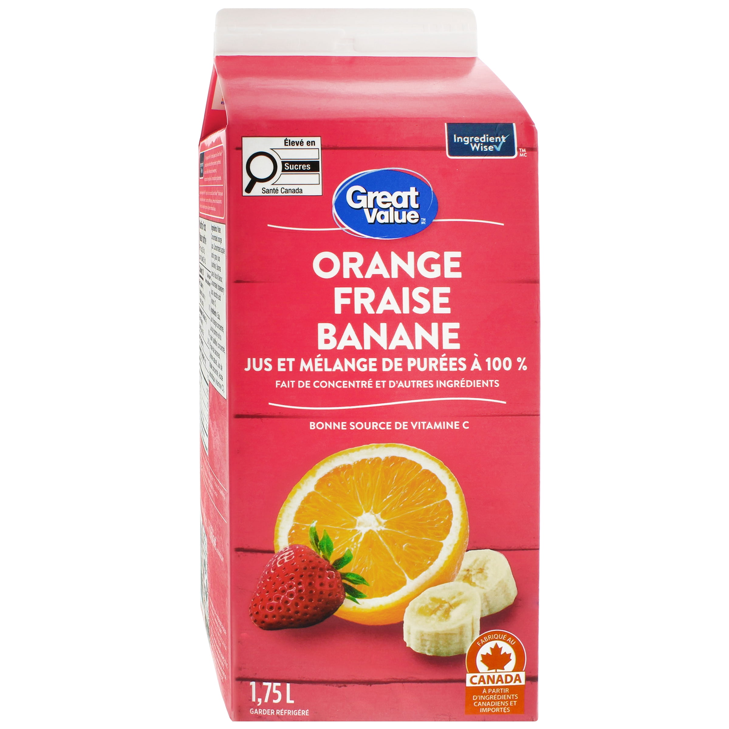 Great Value Orange Fraise Banane Jus et Mélange de Purées à 100 % Fait de Concentré et d'Autres Ingrédients