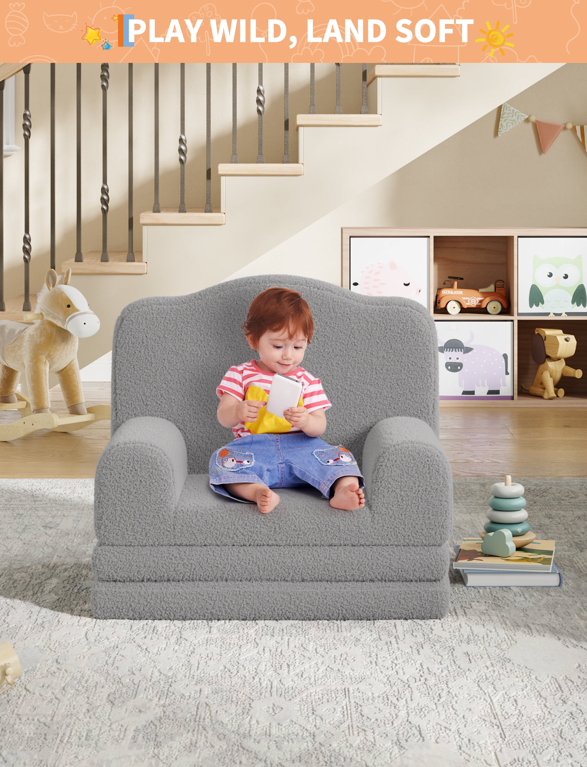 Kids Sofa Chair ，herpa Convertible Toddler Couch wit h Washable Cover, Convertible Sofa to Lounger Foam Kids Chair with Soft Sherpa, Gift for Girls and Boys