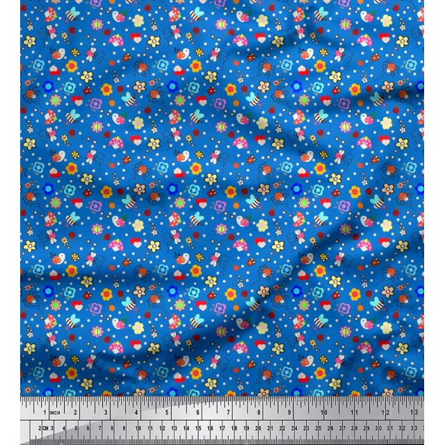 Soimoi Poly Georgette Fabric Dot,Floral & Insect Clip Art Printed Fabric 1 Yard 42 Inch Wide