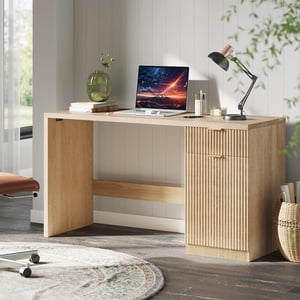 Ourlova 60inches Executive Desk with Storage Modern Home Office Desk with Drawer and Cabinet Wood Fluted Computer Desks Workstation Writing Conference Table for Study Living Room Bedroom