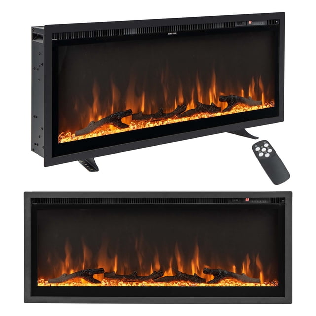 Costway Foyer Électrique de 42 Pouces avec Cadre Noir et Grand Écran de Flamme Mettant en Vedette des Bûches de Feu Réalistes et des Cristaux Décoratifs. Offre 9 Couleurs de Flamme, 5 Niveaux de Luminosité et une Puissance de Chauffage de 750-1500 W pour une Couverture jusqu'à 500 Pi2. Comprend une Télécommande, un thermostat, une protection contre la Surchauffe et des options d'Installation Polyvalentes : Encastré, Mural Ou Autoportant.