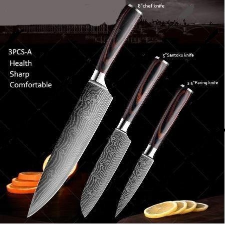 3Pcs Damascus Steel Knife set featuring an 8-inch chef knife, 5-inch Santoku knife, and 3.5-inch paring knife. Each blade is crafted from 67 layers of high-carbon premium stainless steel with a laser-etched Damascus pattern and a 10Cr core, offering exceptional sharpness, anti-corrosion, and durability. The ergonomic handles are made of luxurious Pakka wood, providing a comfortable grip for precise slicing. Displayed against a dark background with sliced oranges and lemons for context.