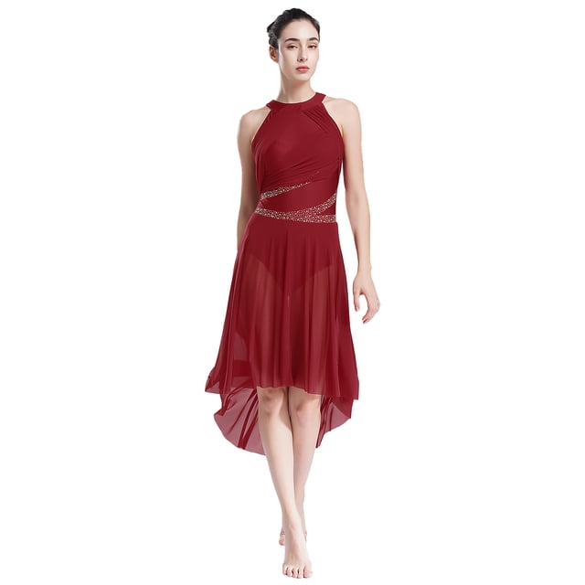 RUNQHUI Costume de Danse Lyrique pour Femme Robe Asymétrique Froncée avec Strass Justaucorps à Jupe de Danse Moderne Bourgogne m