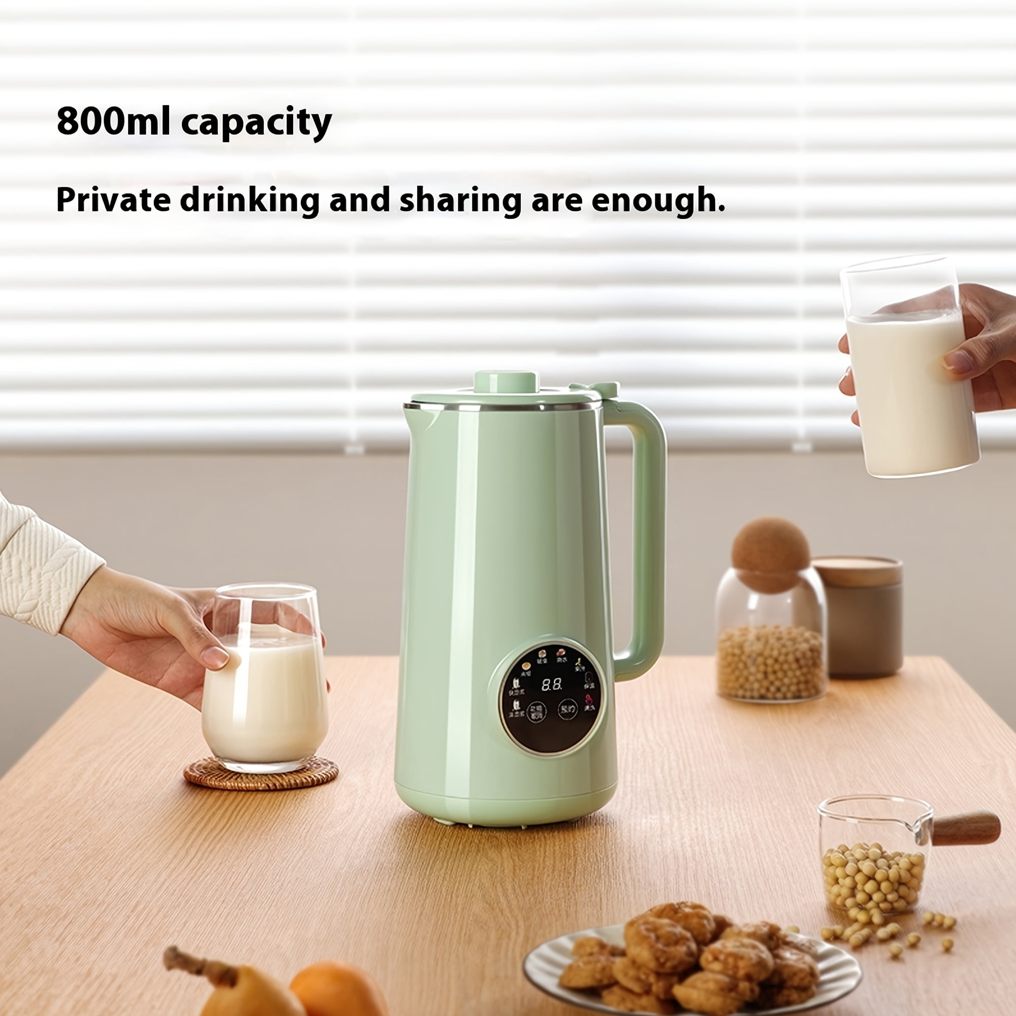 Multifunctional soymilk maker, automatic nut milk maker, 800ml, 8 functions with self-cleaning, digital display, mint green